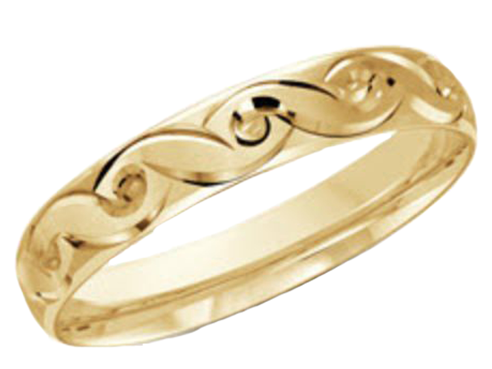 Ladies Scroll Pattern Yellow Gold Wedding Band