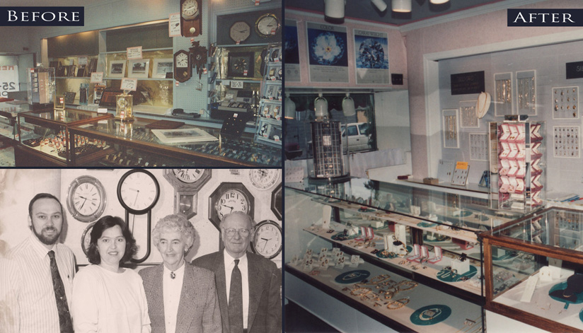 In 1989, Purdys underwent a facelift. The store was completely renovated; giftware was eliminated freeing up space to specialize in jewellery, watches, and clocks. Sheila and Grant Purdy are pictured with Dave and Marylynn Lindsay.