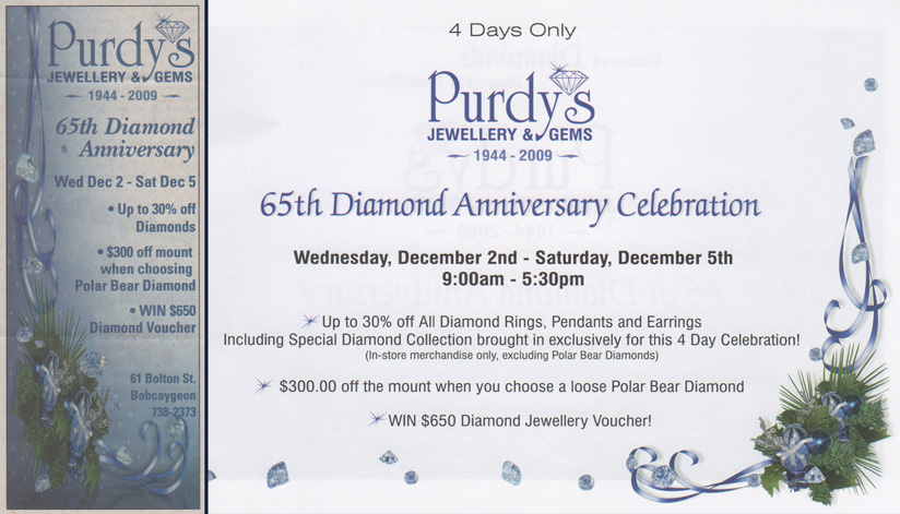 Fast-forward 5 years to Purdys 65th Anniversary celebration with a sparkling diamond theme. Guests were welcomed with live music, wine, cheese and specialty hors-doeuvres. One lucky patron even went home with a $650 voucher to use toward a piece of diamond jewellery of their choice.